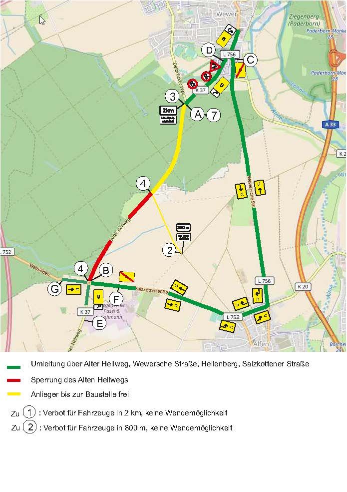 Umleitungsplan der Sanierungsarbeiten Wewersche Straße, Alter Hellweg